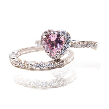 Duo Anillo Cuore Plata D'amore Pietra Rosa + Caja De Anillo + Grabado " Te Amo ♥️ "