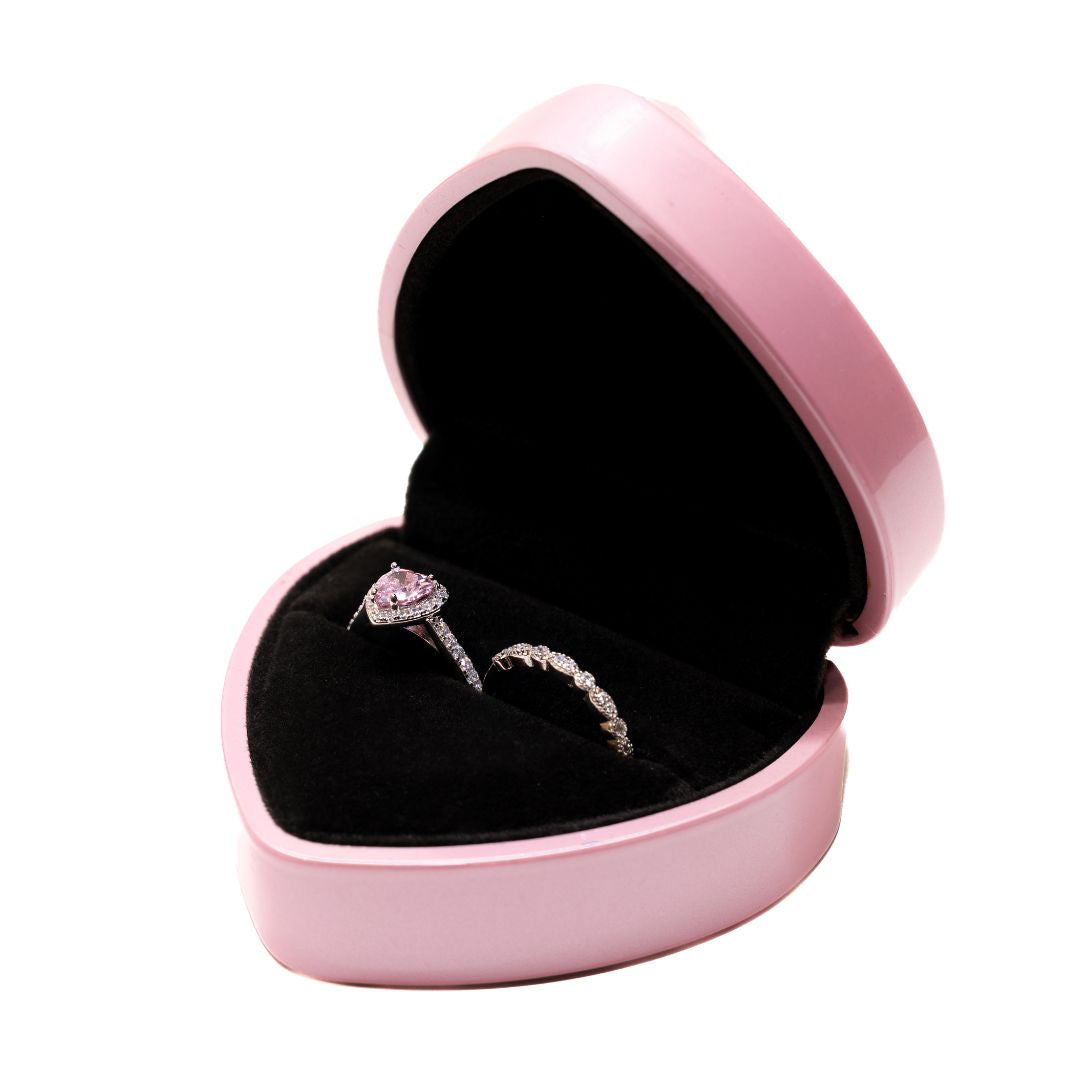 Duo Anillo Cuore Plata D'amore Pietra Rosa + Caja De Anillo + Grabado " Te Amo ♥️ "