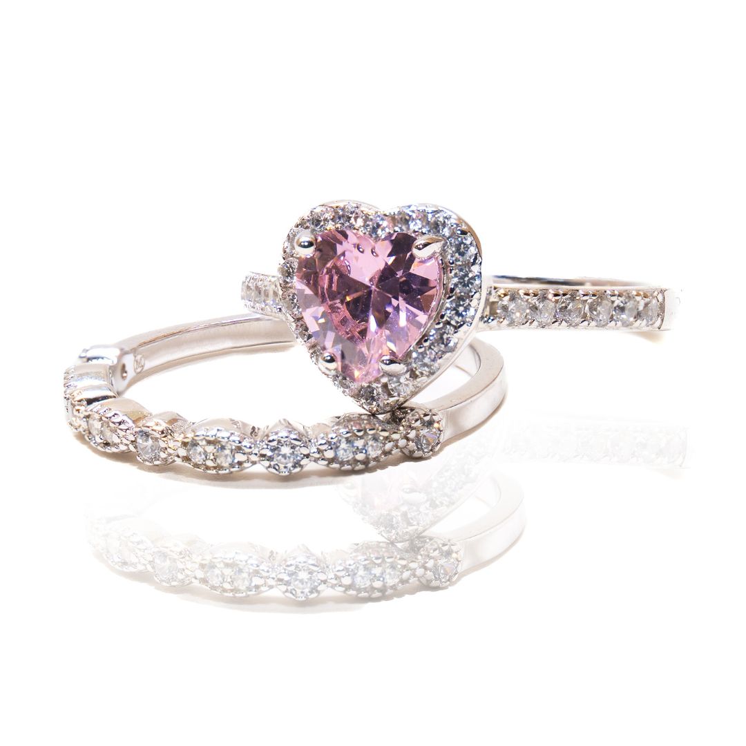 Duo Anillo Cuore Plata D'amore Pietra Rosa + Caja De Anillo + Grabado " Te Amo ♥️ "